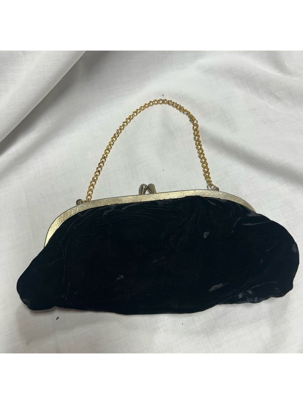 Vintage Black Velvet Purse Gold Color Strap 1960s Evening Bag - Picture 1 of 10